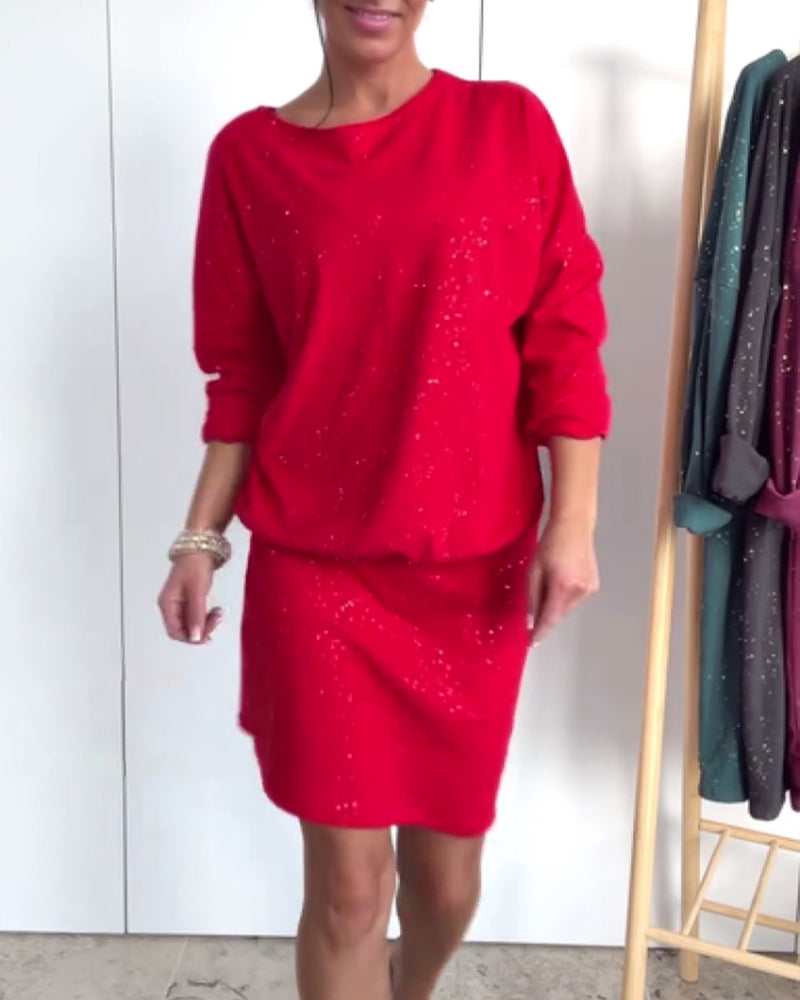 Sukienka Okrągły Dekolt Drobny Brokat Modna