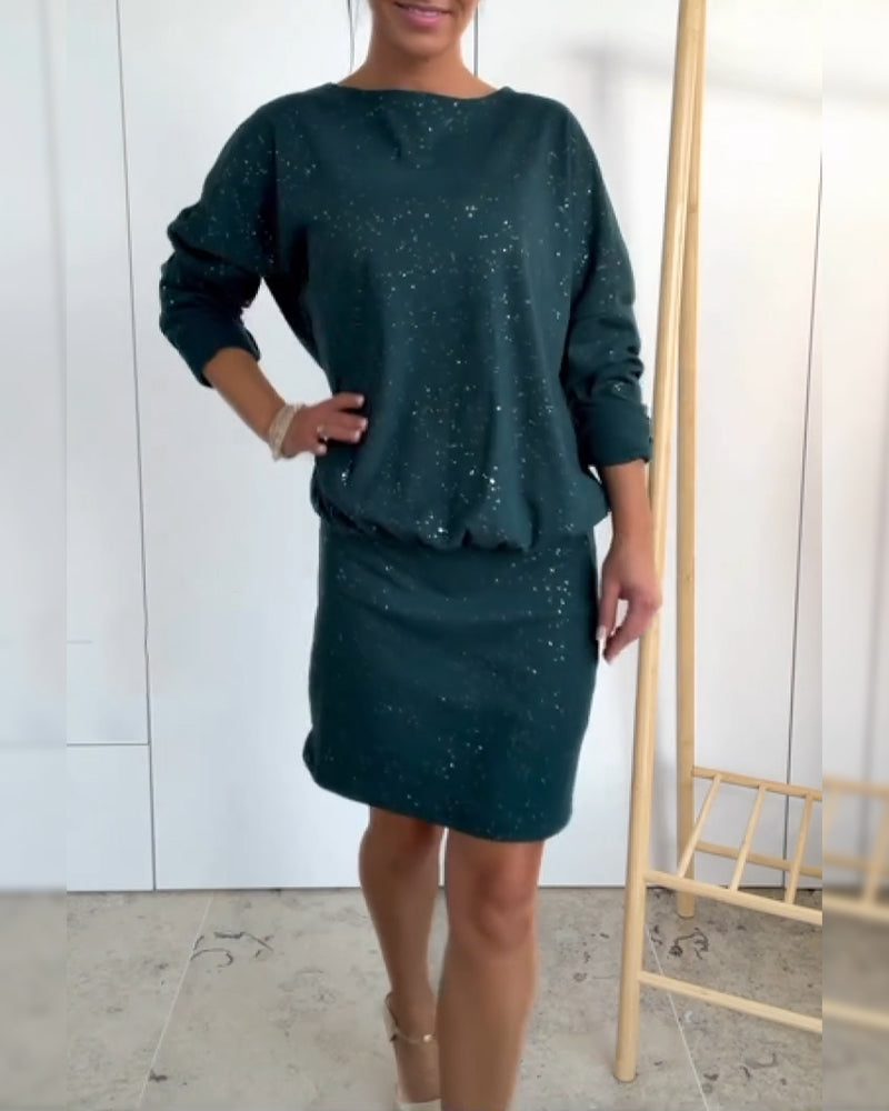 Sukienka Okrągły Dekolt Drobny Brokat Modna