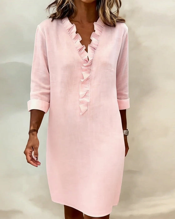 Sukienka Plisowany Dekolt W Serek Jednokolorowa