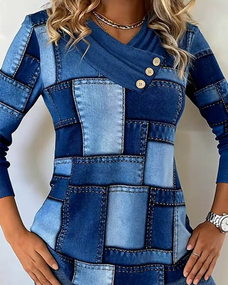 Długorękawowy Top Z Dekoltem W Serek I Jednolitym Kontrastem