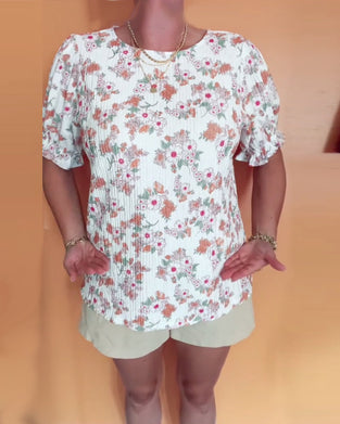 Bluzka Okrągły Dekor Kwiatowy Krótki Rękaw