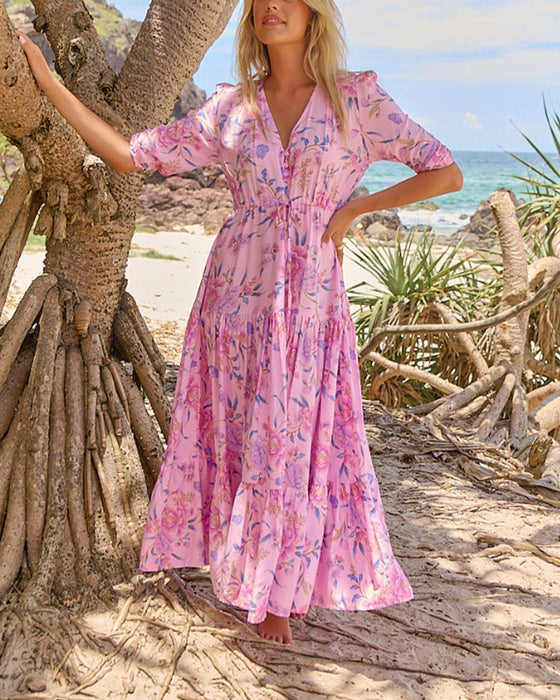 Sukienka Dekolt V Kwiatowy Krótkie Rękawy