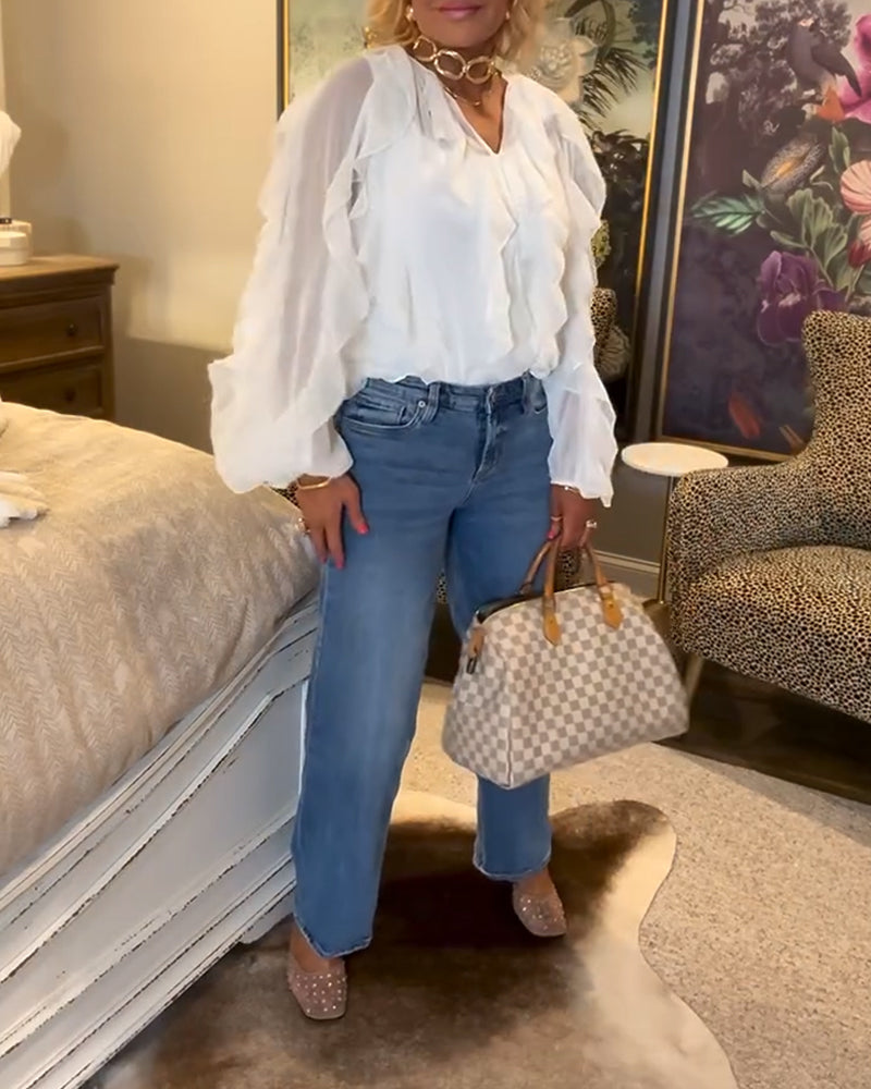 Falbaniasta, Zwiewna Koszula W Jednolitym Kolorze