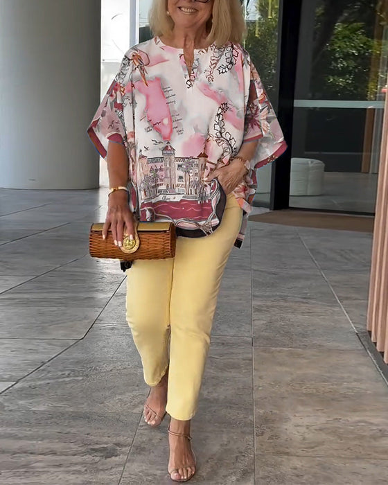 Bluzka Nietoperzowy Rękaw Print