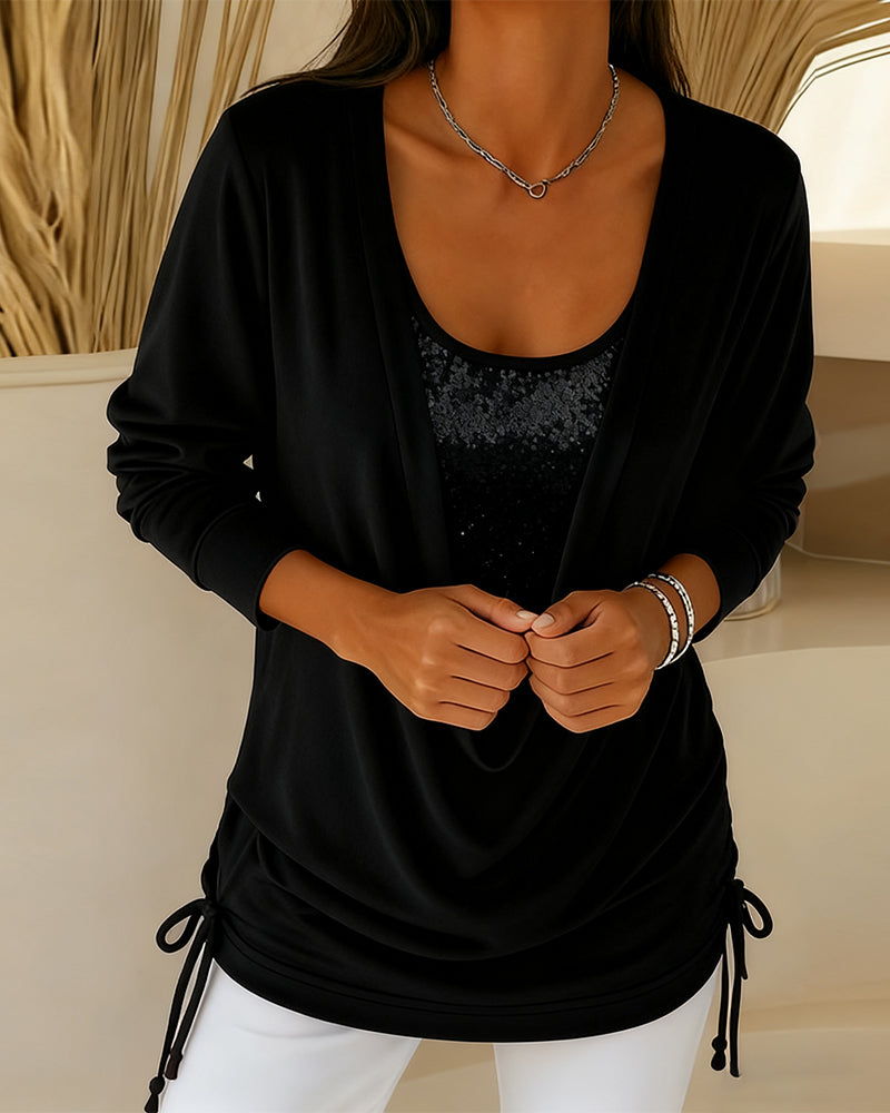 Bluzka Z Cekinami W Kontrastowych Kolorach, Imitacja Dwuczęściowej