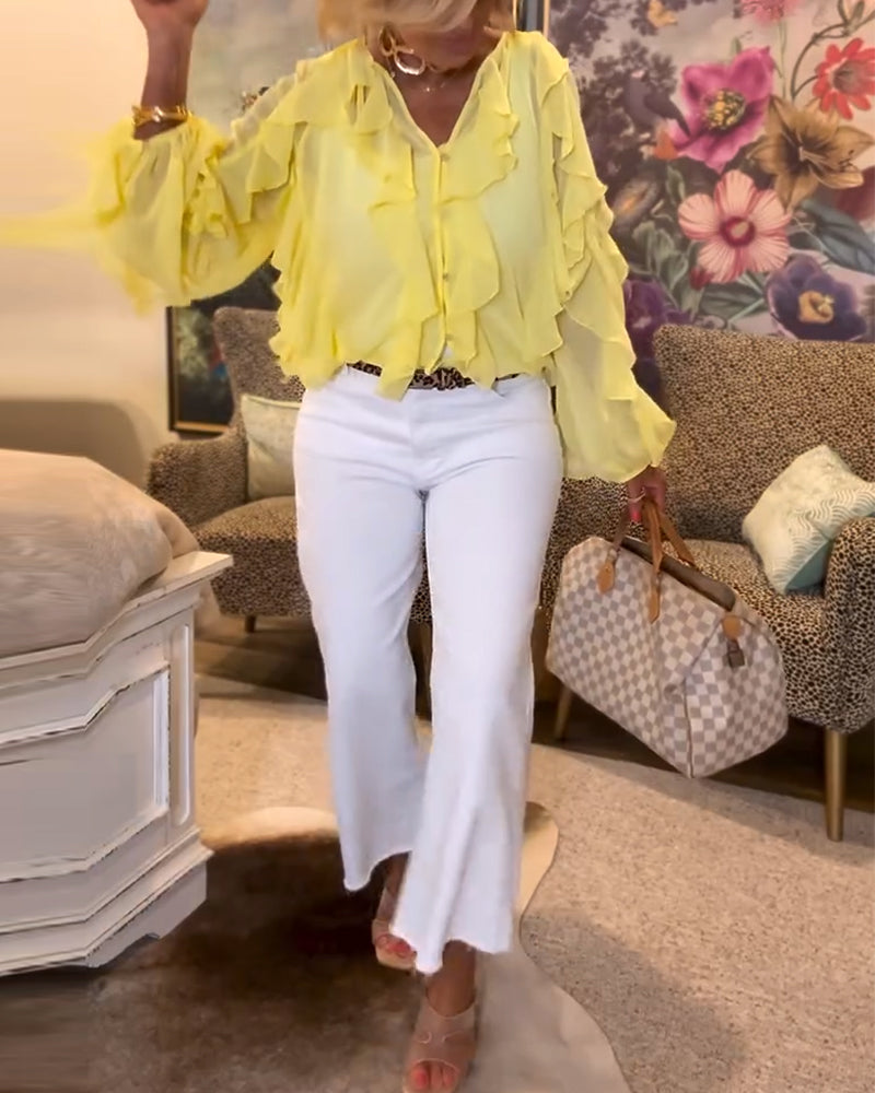 Falbaniasta, Zwiewna Koszula W Jednolitym Kolorze