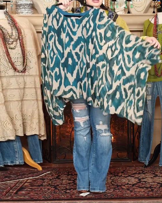 Bluzka Nietoperzowy Rękaw Nadruk Długi Rękaw