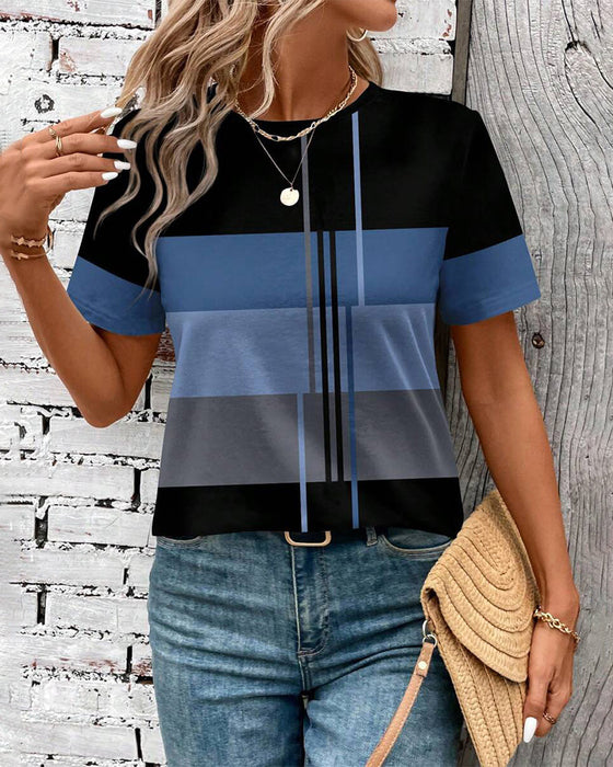 T-Shirt Okrągły Dekor Geometryczny Krótki Rękaw