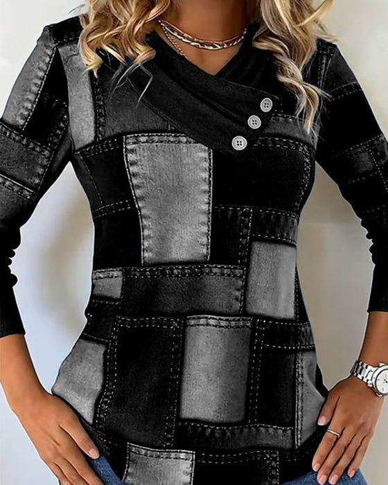 Długorękawowy Top Z Dekoltem W Serek I Jednolitym Kontrastem