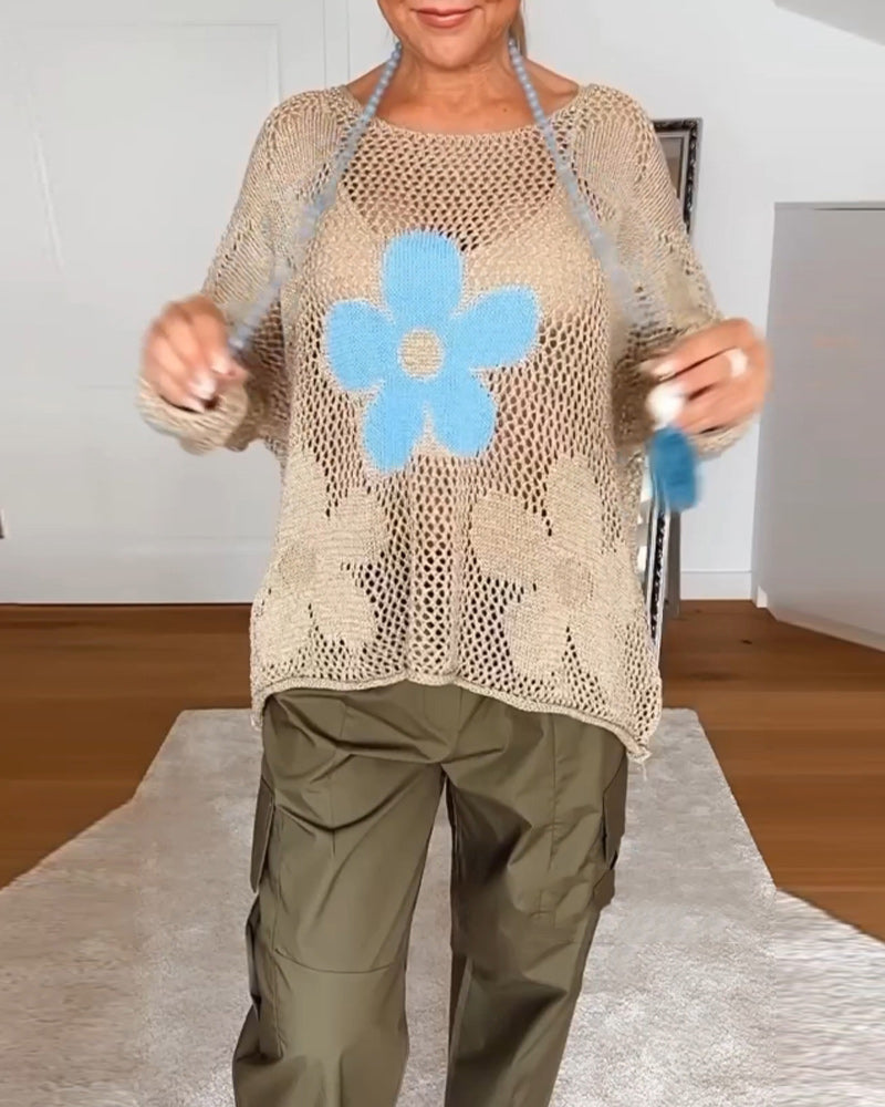 Sweterek z długim rękawem i okrągłym dekoltem w kwiaty