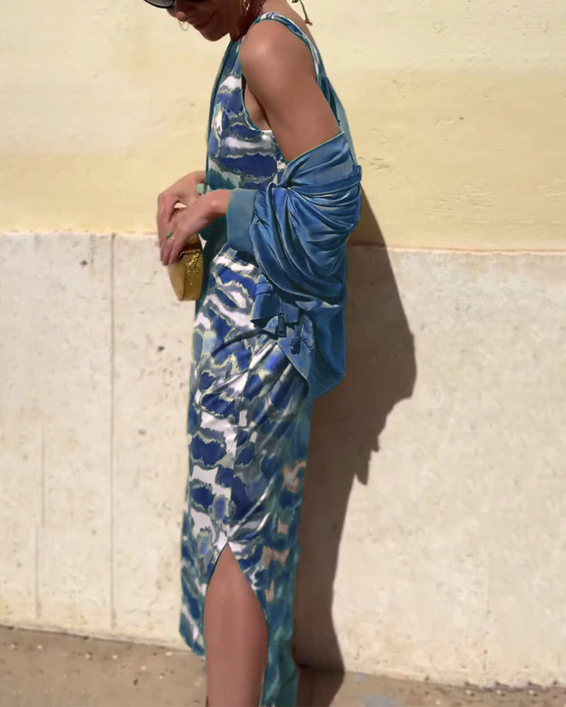 Komplet Bez Rękawów Drukowana Sukienka I Płaszcz