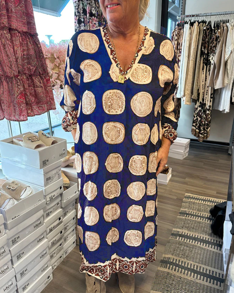 Sukienka Długi Rękaw Dekolt V Drukowany