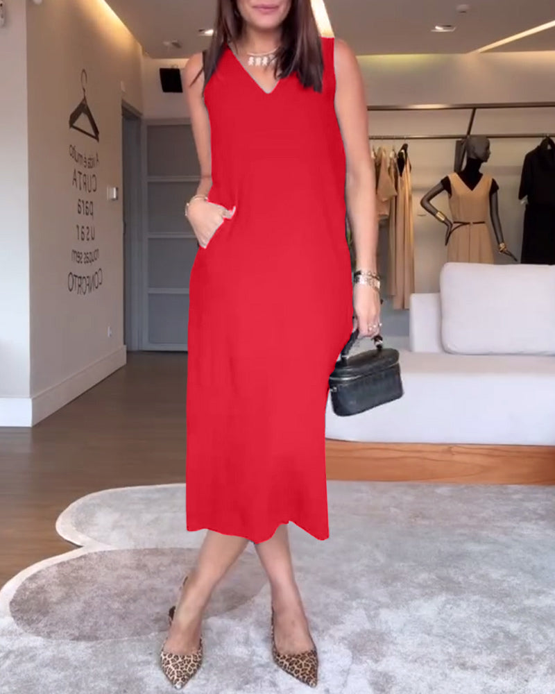 Sukienka casualowa z dekoltem w serek, bez rękawów, jednokolorowa, z rozcięciem