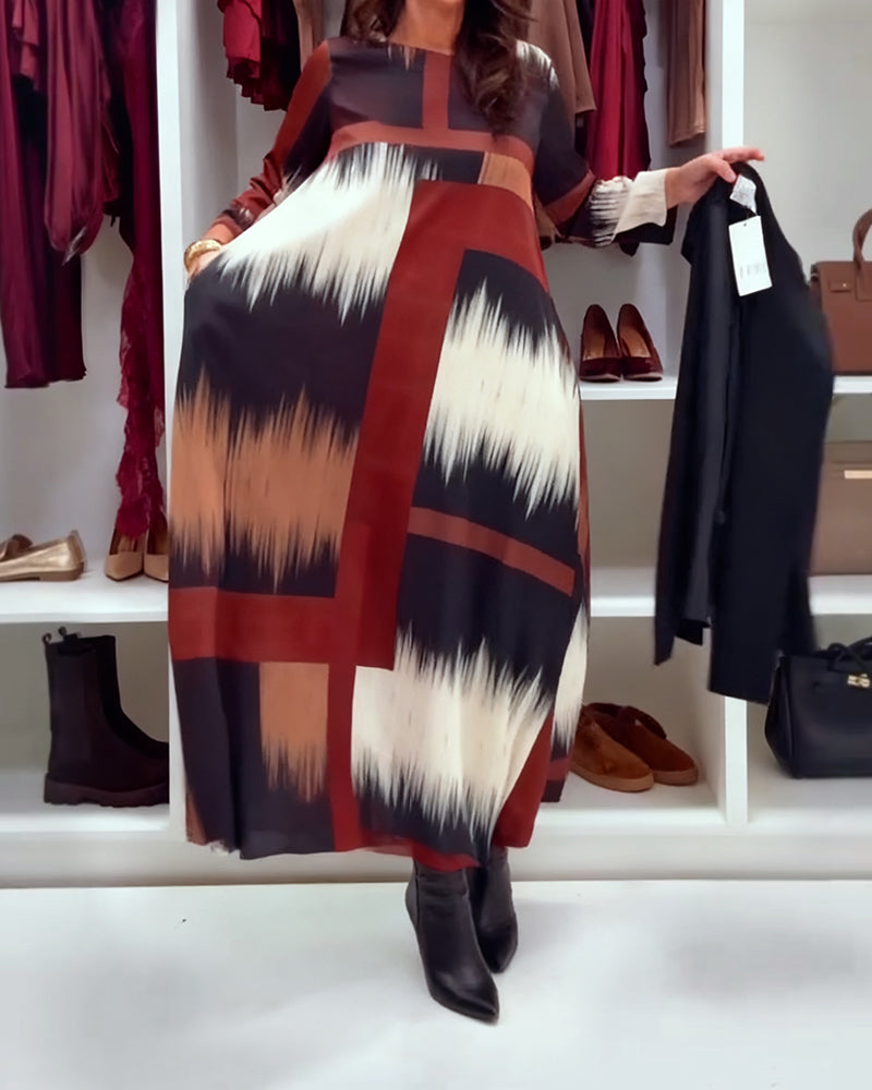 Modna Drukowana Sukienka Z Okrągłym Dekoltem I Długimi Rękawami