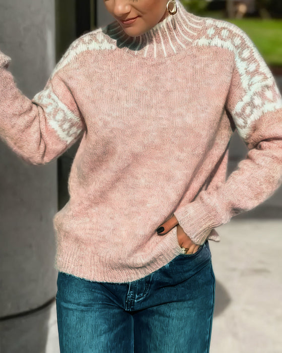 Sweter Wysoki Kołnierz Wzór Kontrast