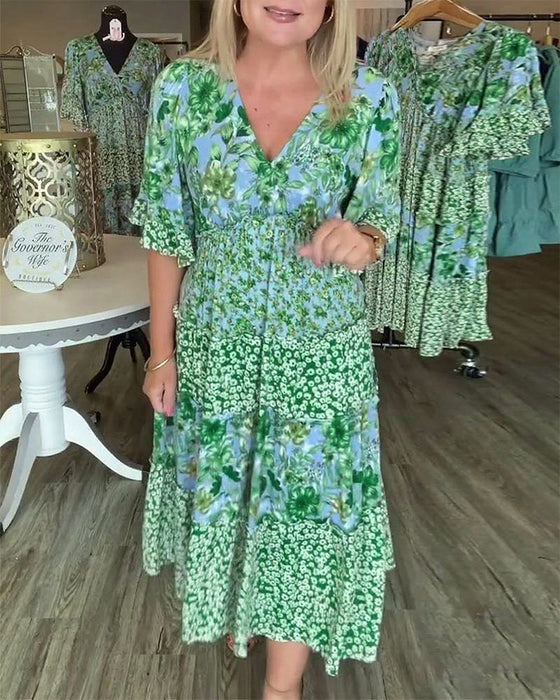 Sukienka Dekolt W Serek Rękaw Lotosowy Kwiatowy