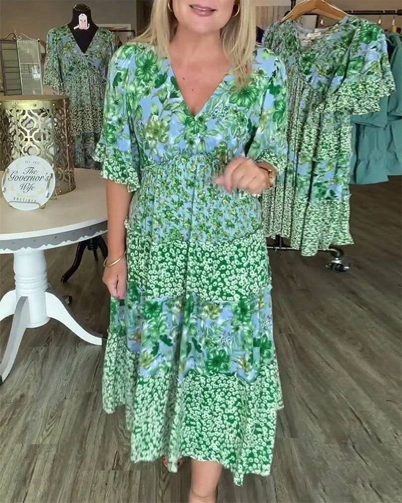 Sukienka Dekolt W Serek Rękaw Lotosowy Kwiatowy