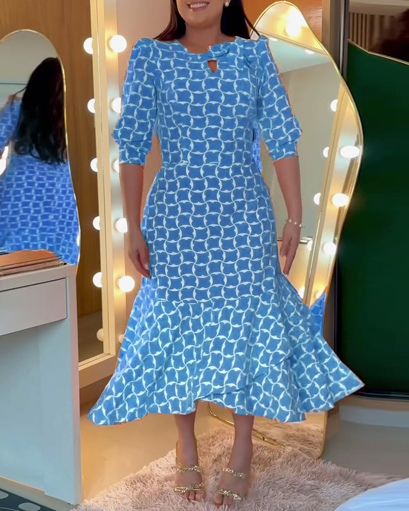 Sukienka Pół Rękaw Rund Hals Talia Drukowana