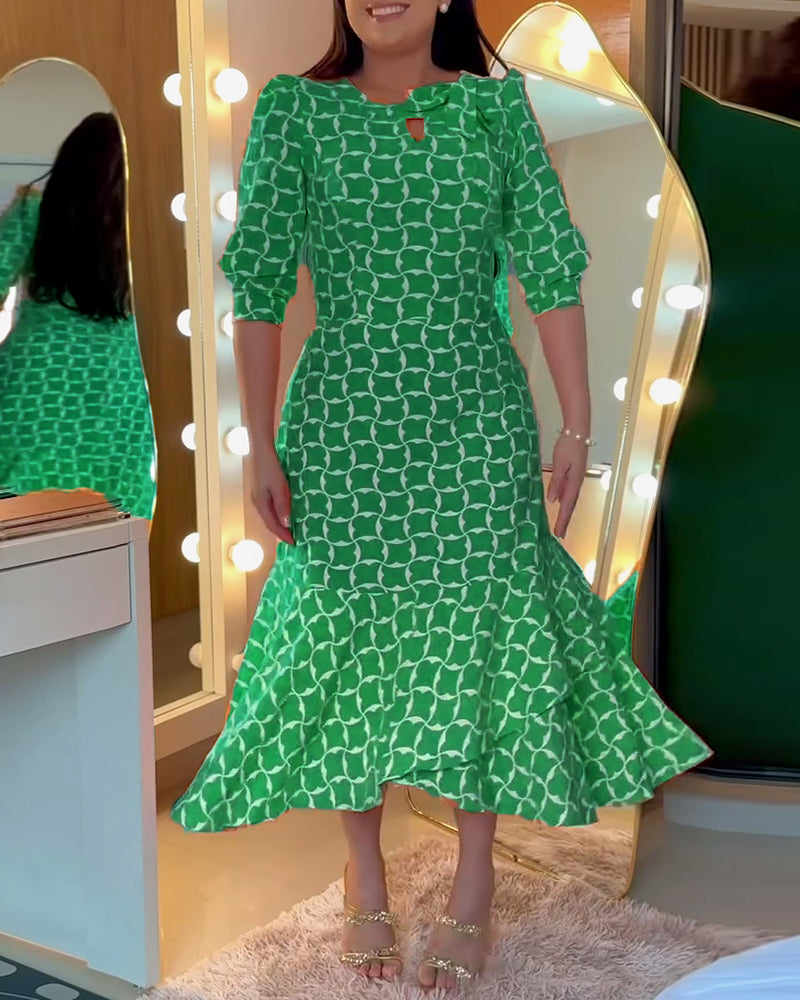 Sukienka Pół Rękaw Rund Hals Talia Drukowana