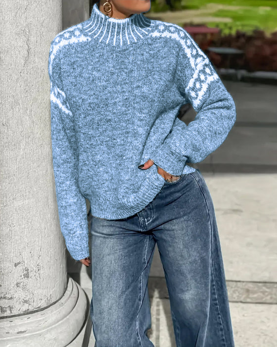 Sweter Wysoki Kołnierz Wzór Kontrast