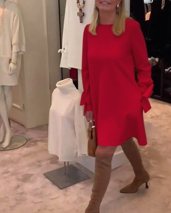 Sukienka Modna Okrągły Dekolt Kokarda Rękaw