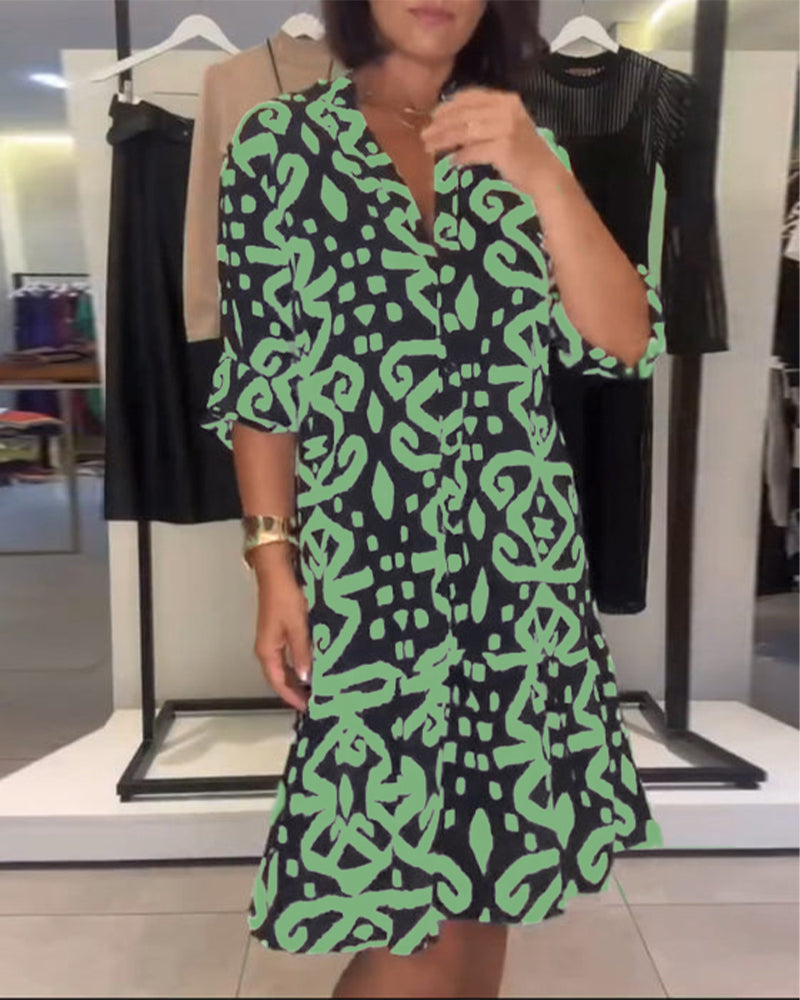 Sukienka Dekolt W Serek Elegancka Nadruk