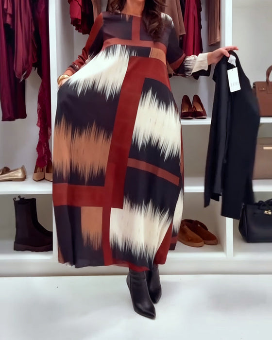 Modna Drukowana Sukienka Z Okrągłym Dekoltem I Długimi Rękawami