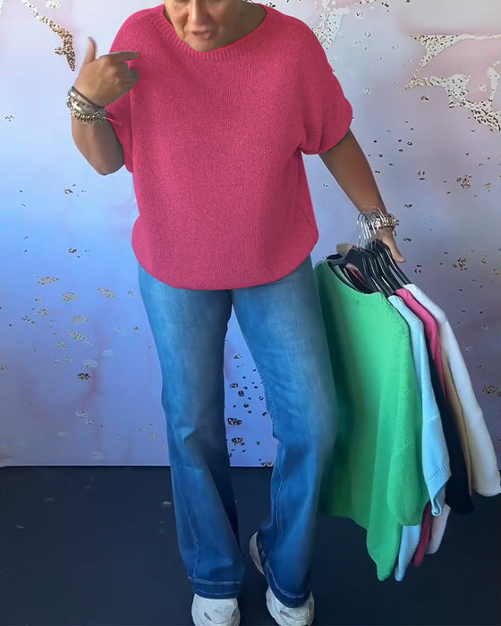 Luźny jednokolorowy swobodny sweter z okrągłym dekoltem