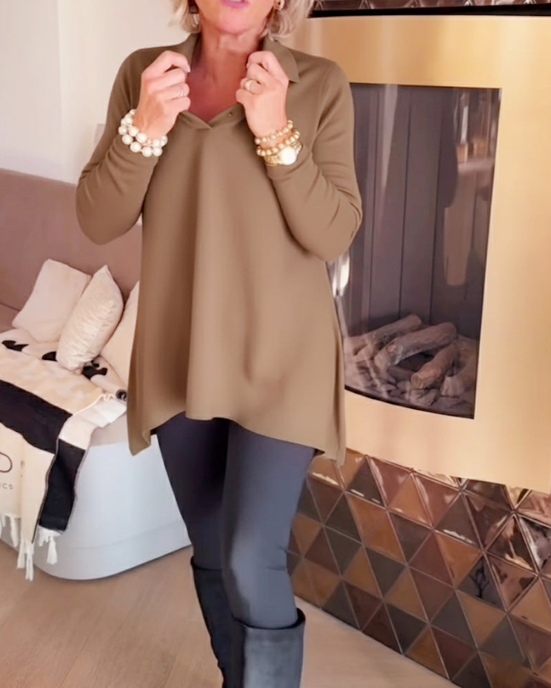 Nierówny Kołnierz Długi Rękaw Top