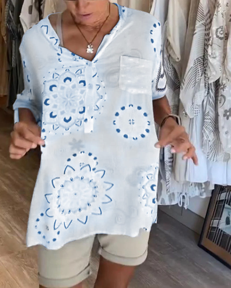 Bluzka Uniwersalna Dekolt W S Nadruk Połdługie Rękawy