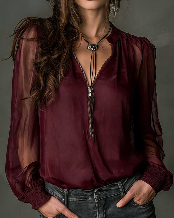 Bluzka Połowa-zamka Siatka Długi-rękaw