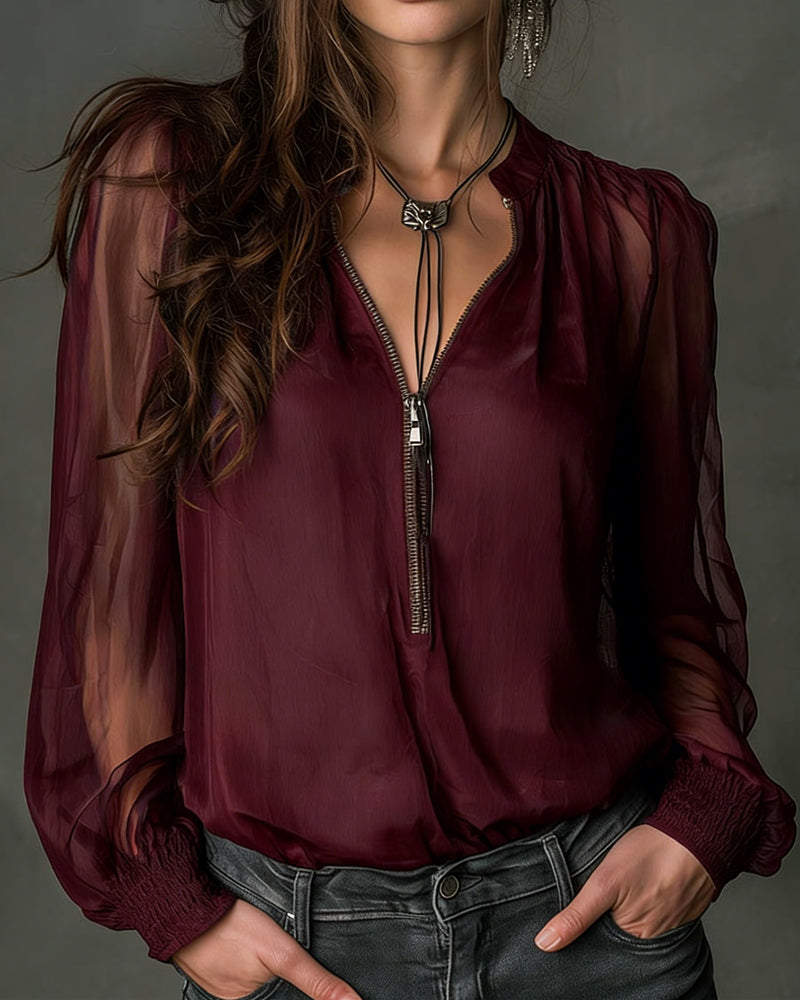 Bluzka Połowa-zamka Siatka Długi-rękaw