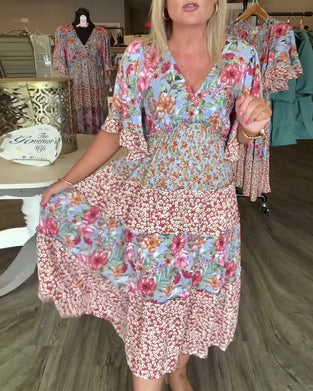 Sukienka Dekolt W Serek Rękaw Lotosowy Kwiatowy