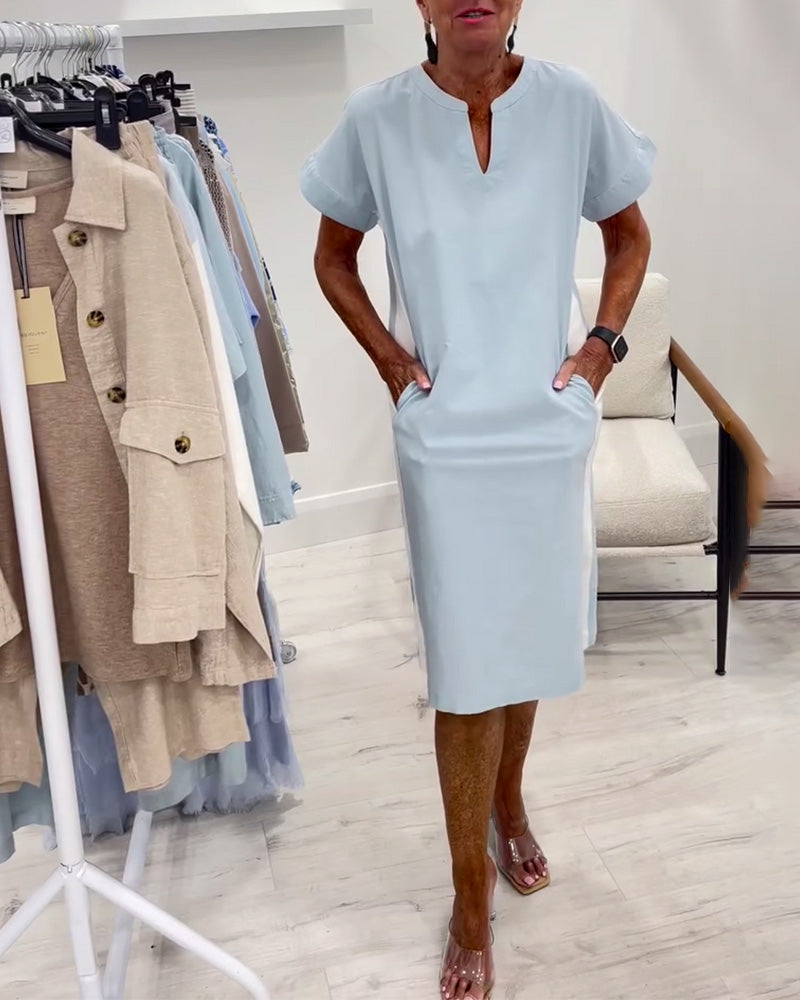 Sukienka Z Krótkim Rękawem Kontrastowy Kolor Prosta