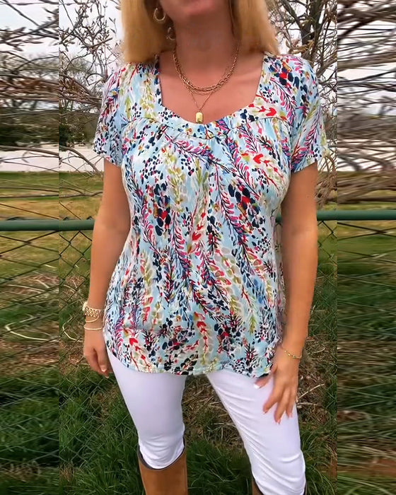 T-Shirt Z Dekoltem W U Krótkim Rękawem Wzorzysta