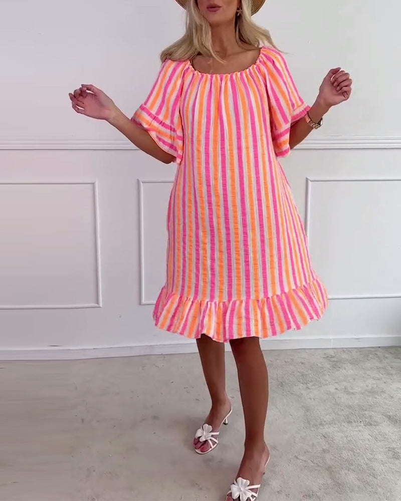 Sukienka Okrągły Dekolt W Paski Plisowana Prosty Krój