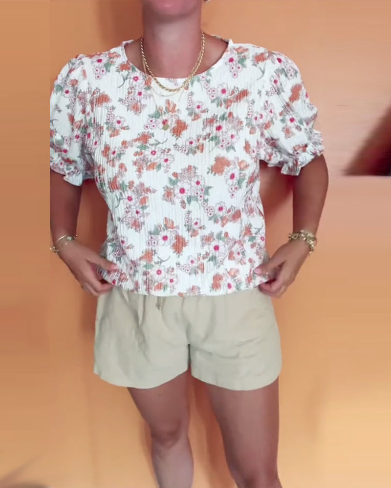 Bluzka Okrągły Dekor Kwiatowy Krótki Rękaw