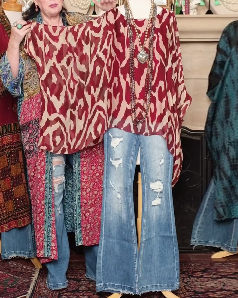 Bluzka Nietoperzowy Rękaw Nadruk Długi Rękaw