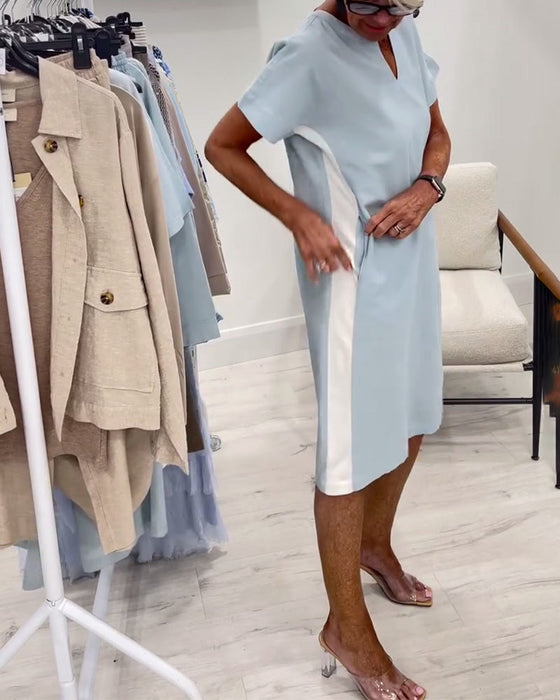 Sukienka Z Krótkim Rękawem Kontrastowy Kolor Prosta