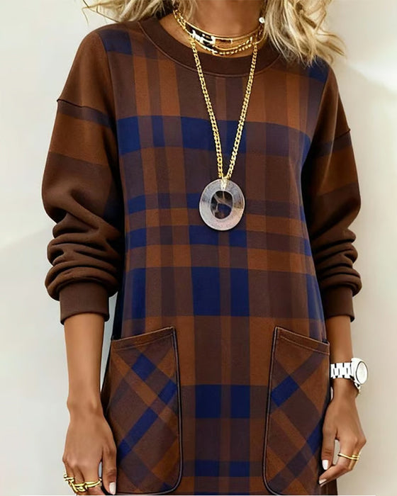 Sukienka w Kratę Nadruk Kieszeń Prosta