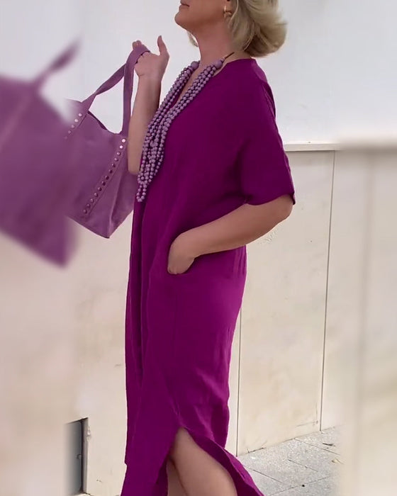 Sukienka Dekolt W Serek Jednolity Kolor Prosta Długa