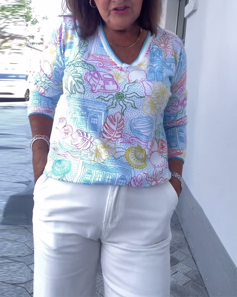 Sweter Z Dekoltem W Serek Z Nadrukiem Modny