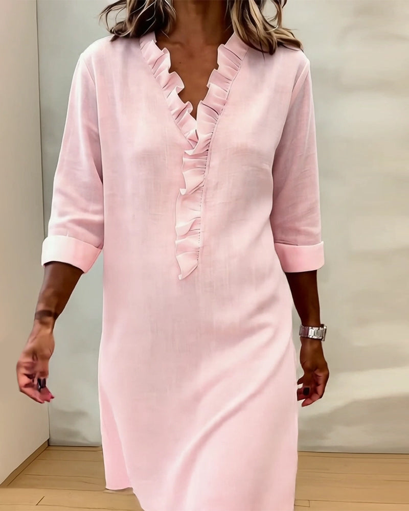 Sukienka Plisowany Dekolt W Serek Jednokolorowa