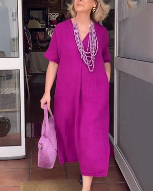 Sukienka Dekolt W Serek Jednolity Kolor Prosta Długa