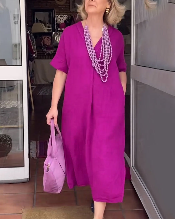 Sukienka Dekolt W Serek Jednolity Kolor Prosta Długa