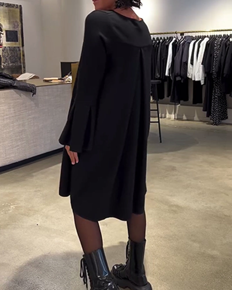 Sukienka Jednokolorowy Rozkloszowany Rękaw Marszczony