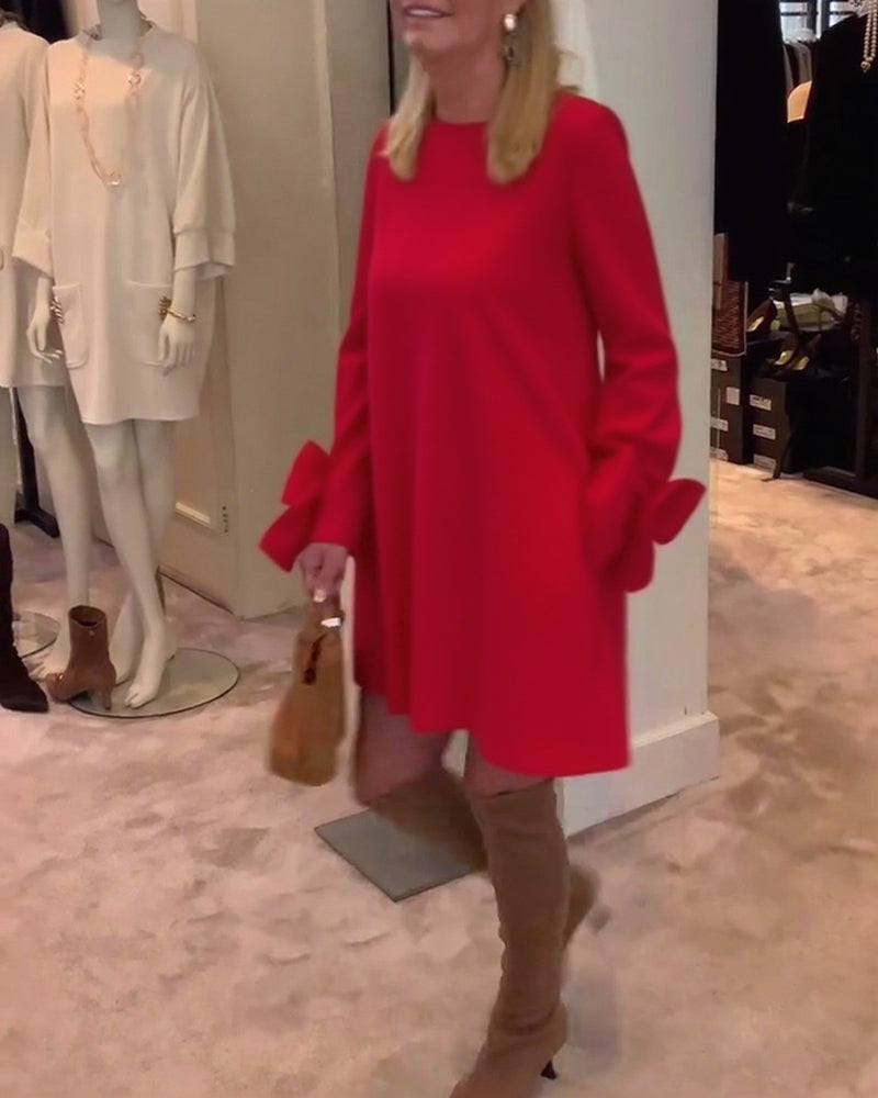 Sukienka Modna Okrągły Dekolt Kokarda Rękaw