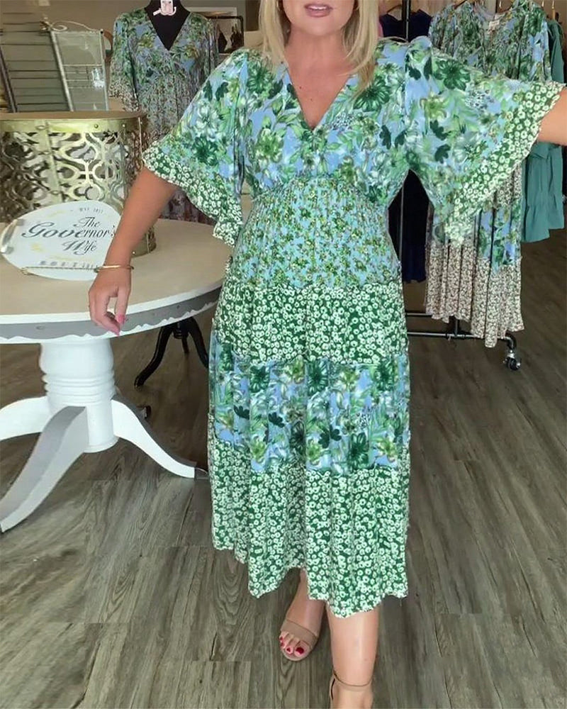 Sukienka Dekolt W Serek Rękaw Lotosowy Kwiatowy