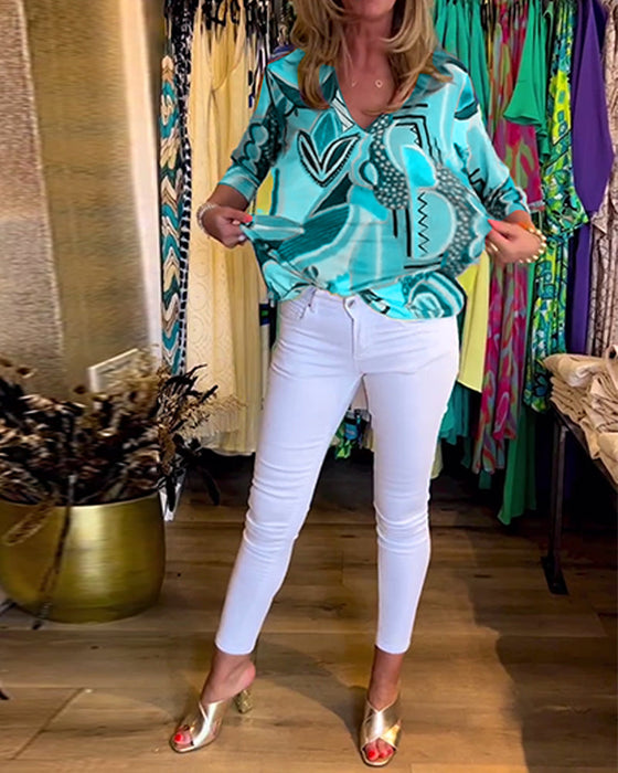 Luźna bluzka z nadrukiem z długim rękawem