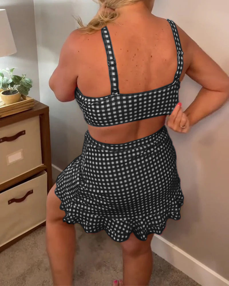 Strój kąpielowy na co dzień, na ramiączkach, w kratę, dwuczęściowy